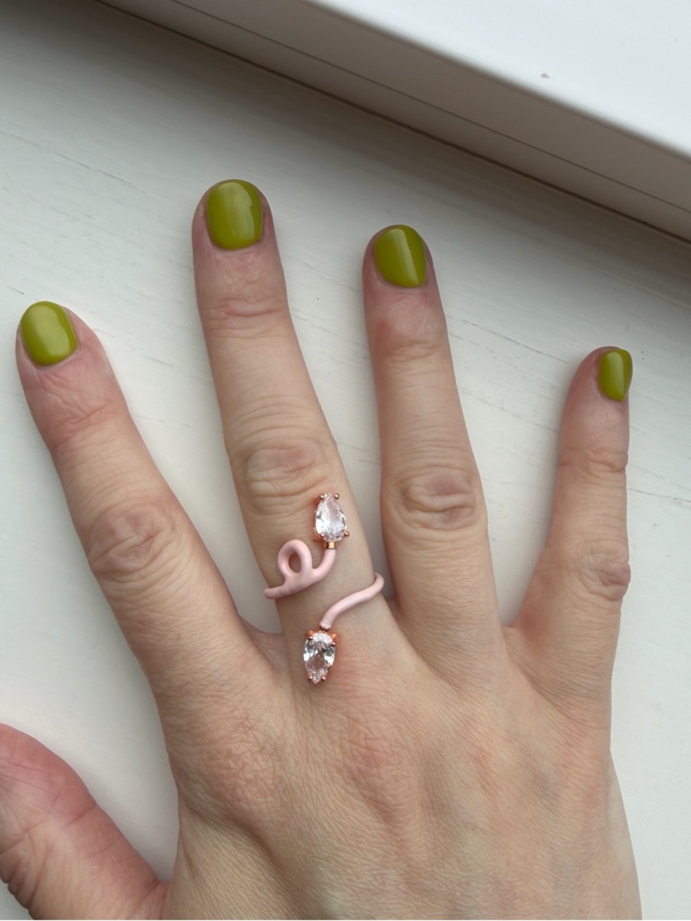 Adjustable Pink Enamel Open Snake Ring with Clear Pear-Shaped Crystals/Faux Gems
